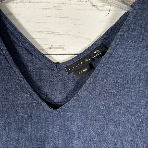 Tahari Womens Dress Shift Blue Linen Buttons Sleeveless XS V-Neck Summer Travel - Picture 4 of 7